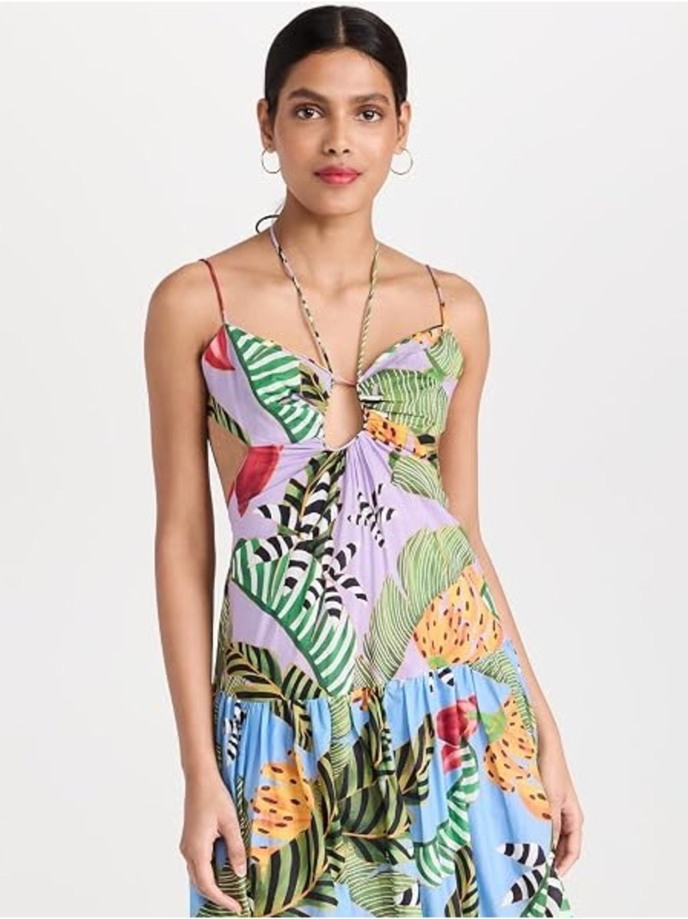 Farm Rio Tiered Purple Halter Neck Mini Dress